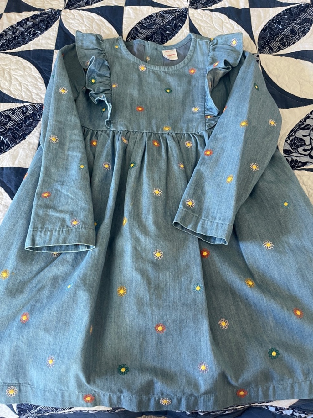 Hanna Andersson Denim Dress with Multicolor Floral Embroidery